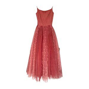 Vintage 1950s Coral Lace Tulle Party Dress Spaghetti Strap Prom